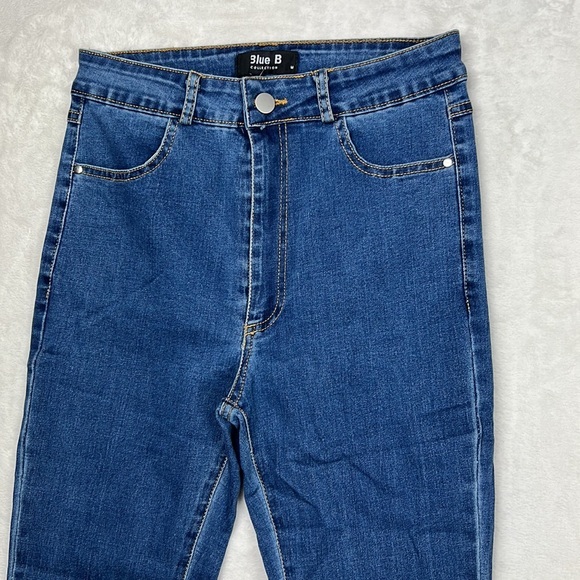 Two Tone Flare BellBottom Patchwork Frayed Hem High Rise Jeans Stretch Denim - Picture 6 of 14